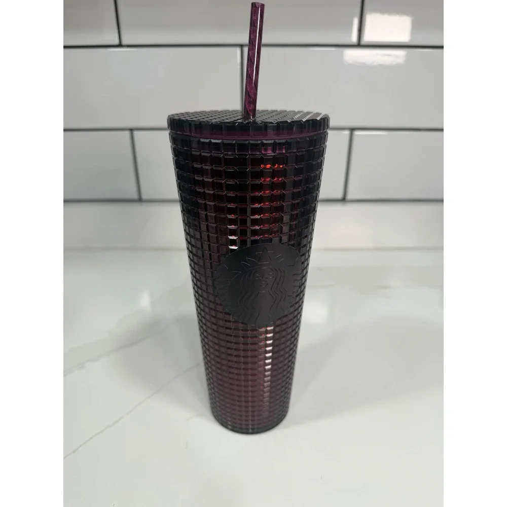 Starbucks Dark Plum Purple Studded Grid Venti 24oz Cold Cup Tumbler Black Logo